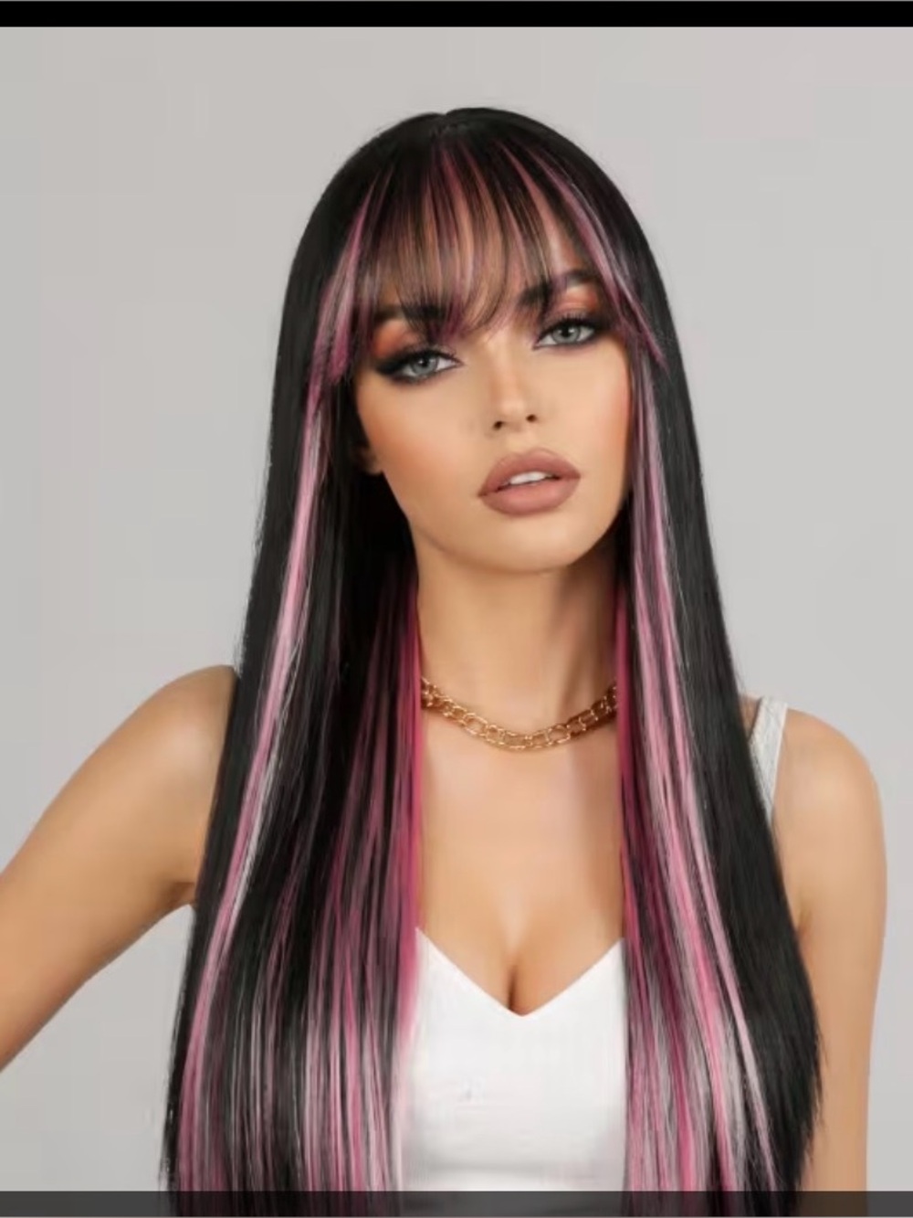 24 Inch Long Straight Pink Black Dyed Wig, Natural Simulation Female Wig, Lightw